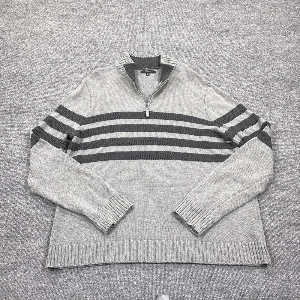 Tahari Sweater Mens XL Gray Striped 1/4 Zip Mock Neck Cotton Pullover Casual